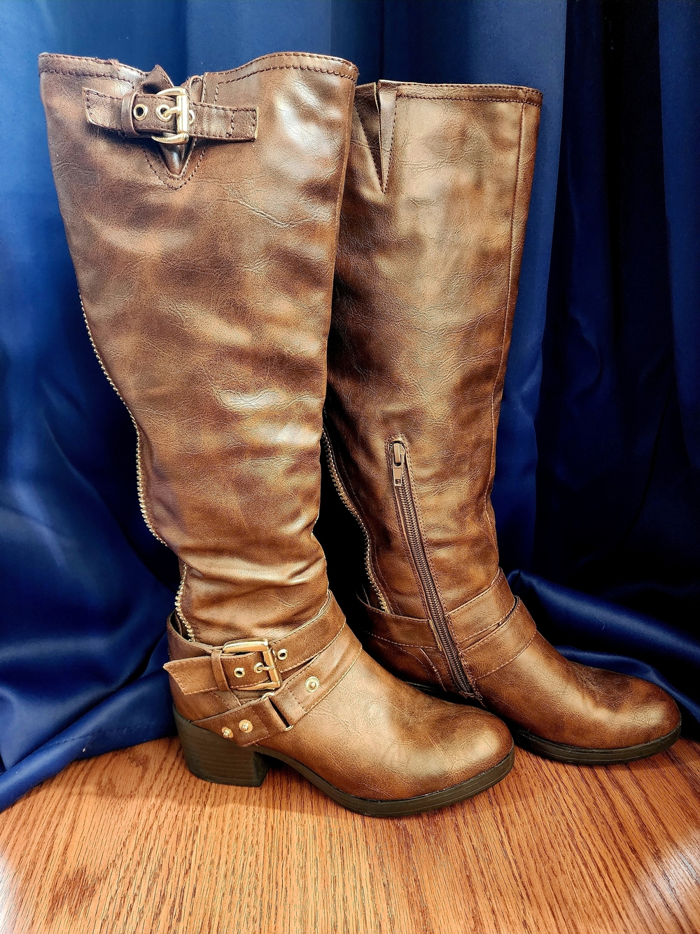 JustFab Brown Knee-High Buckle Riding Boots